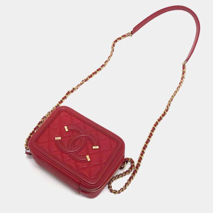 Pre Owned Chanel Red Leather Small Filigree Shoulder Bag