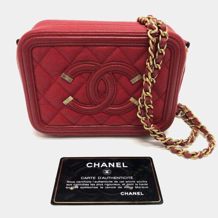Pre Owned Chanel Red Leather Small Filigree Shoulder Bag