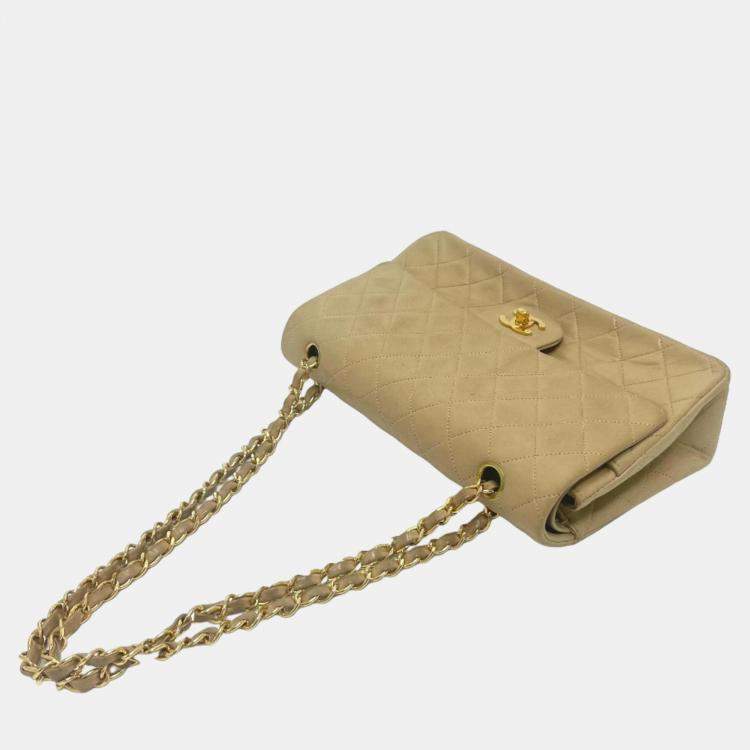 Pre Owned Chanel Beige Leather Medium Classic Double Flap Shoulder Bags