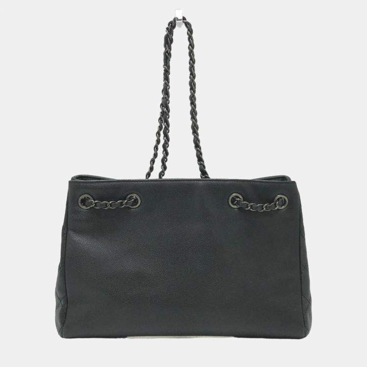 Pre Owned Chanel Black Caviar Large Woven Chain Shopping Tote Bag