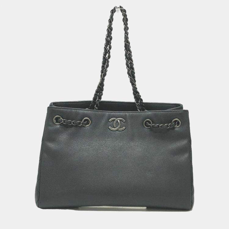 Pre Owned Chanel Black Caviar Large Woven Chain Shopping Tote Bag
