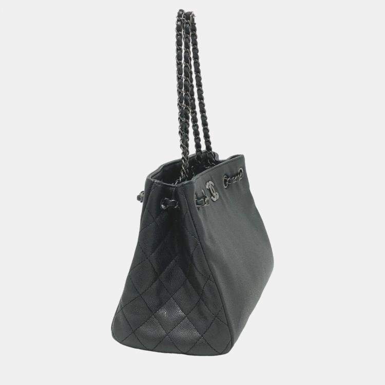 Pre Owned Chanel Black Caviar Large Woven Chain Shopping Tote Bag