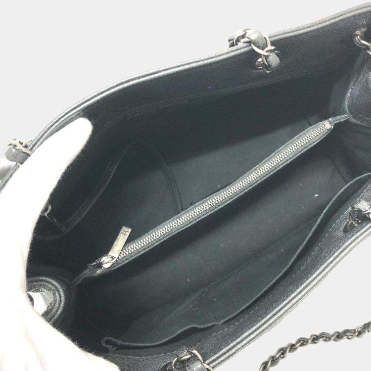 Pre Owned Chanel Black Caviar Large Woven Chain Shopping Tote Bag