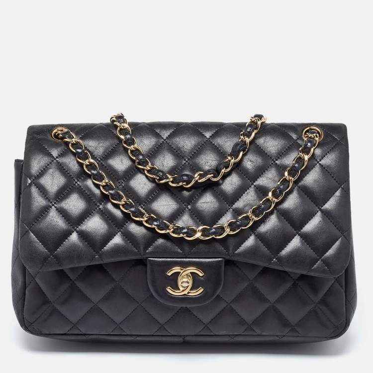 Pre Owned Chanel Black Quilted Leather Jumbo Classic Double Flap Bag