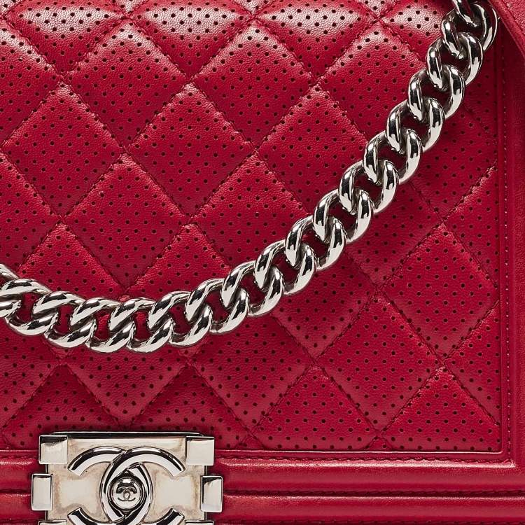 Pre Owned Chanel Red Quilted Perforated Leather New Medium Boy Bag