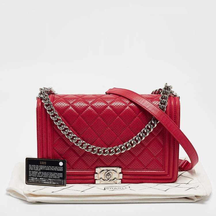 Pre Owned Chanel Red Quilted Perforated Leather New Medium Boy Bag