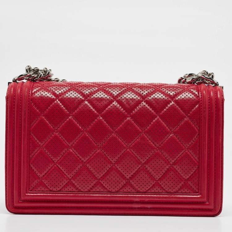 Pre Owned Chanel Red Quilted Perforated Leather New Medium Boy Bag