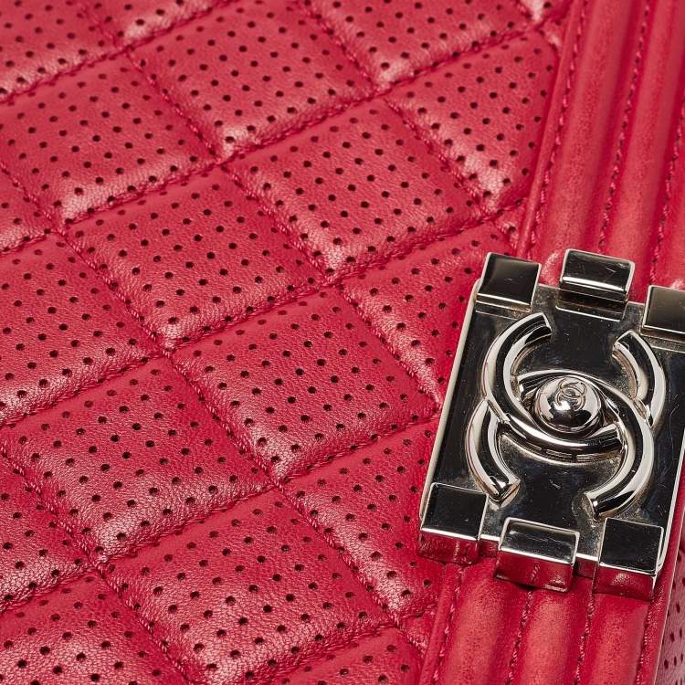 Pre Owned Chanel Red Quilted Perforated Leather New Medium Boy Bag