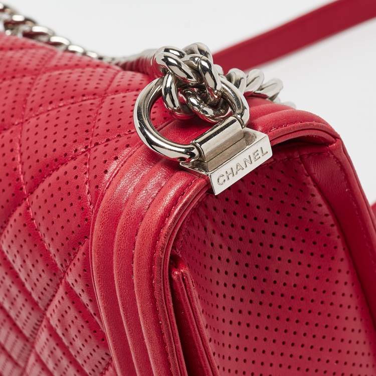 Pre Owned Chanel Red Quilted Perforated Leather New Medium Boy Bag