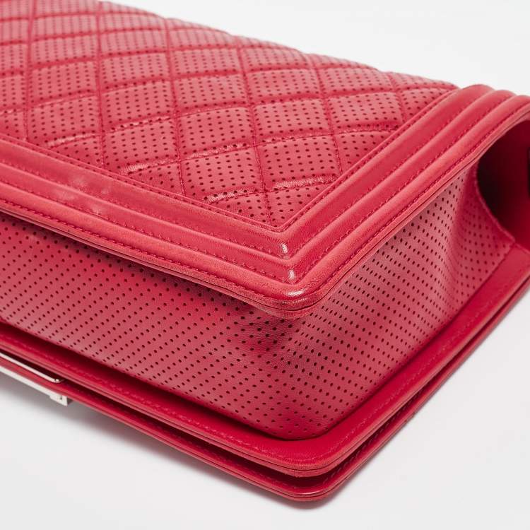 Pre Owned Chanel Red Quilted Perforated Leather New Medium Boy Bag