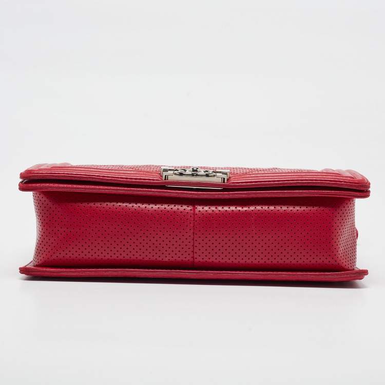 Pre Owned Chanel Red Quilted Perforated Leather New Medium Boy Bag