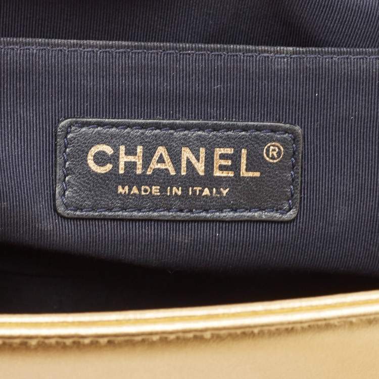 Pre Owned Chanel Gold Woven Embossed Leather Medium Boy Flap Bag