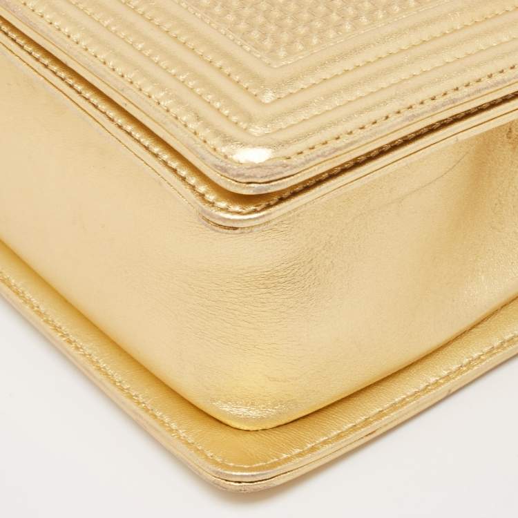 Pre Owned Chanel Gold Woven Embossed Leather Medium Boy Flap Bag