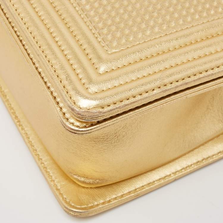 Pre Owned Chanel Gold Woven Embossed Leather Medium Boy Flap Bag