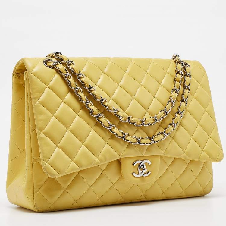 Pre Owned Chanel Yellow Quilted Leather Maxi Classic Single Flap Bag