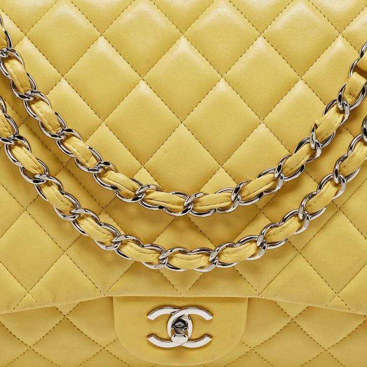 Pre Owned Chanel Yellow Quilted Leather Maxi Classic Single Flap Bag