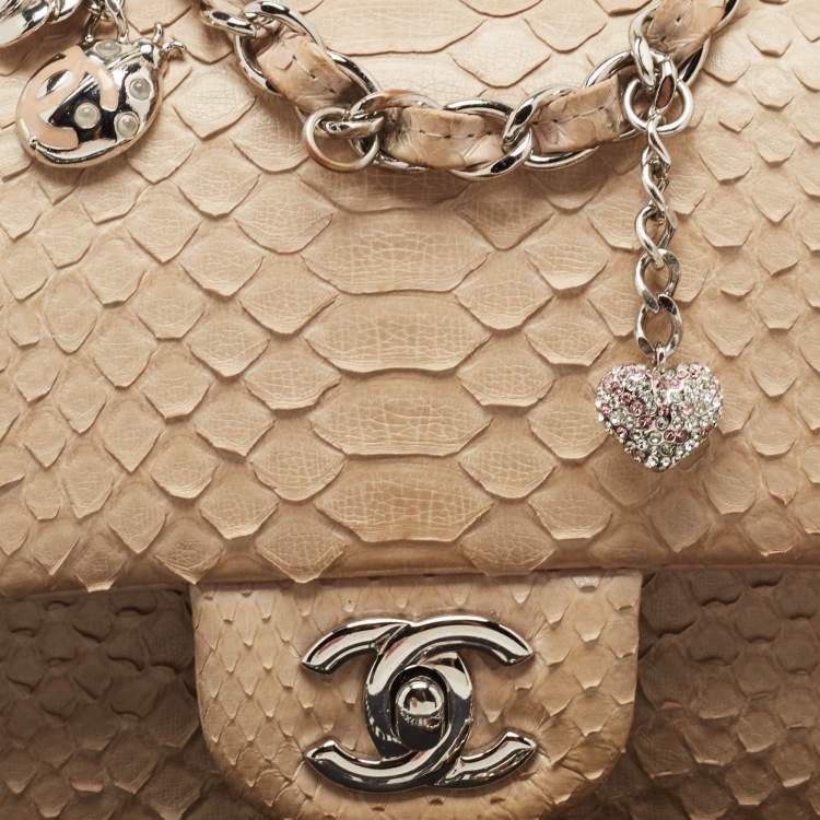 Pre Owned Chanel Beige Python Small Charm Single Flap Bag