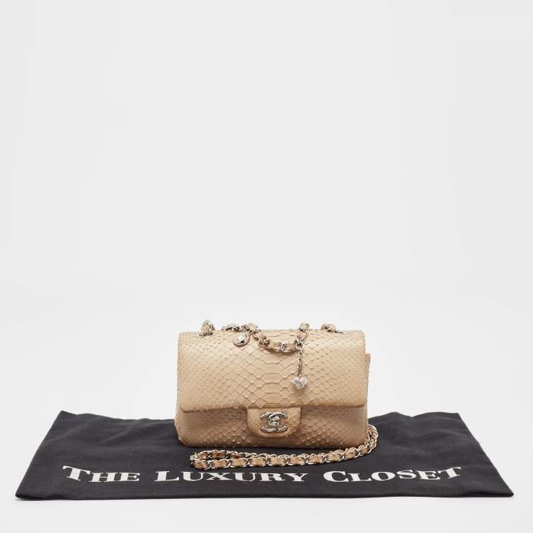 Pre Owned Chanel Beige Python Small Charm Single Flap Bag