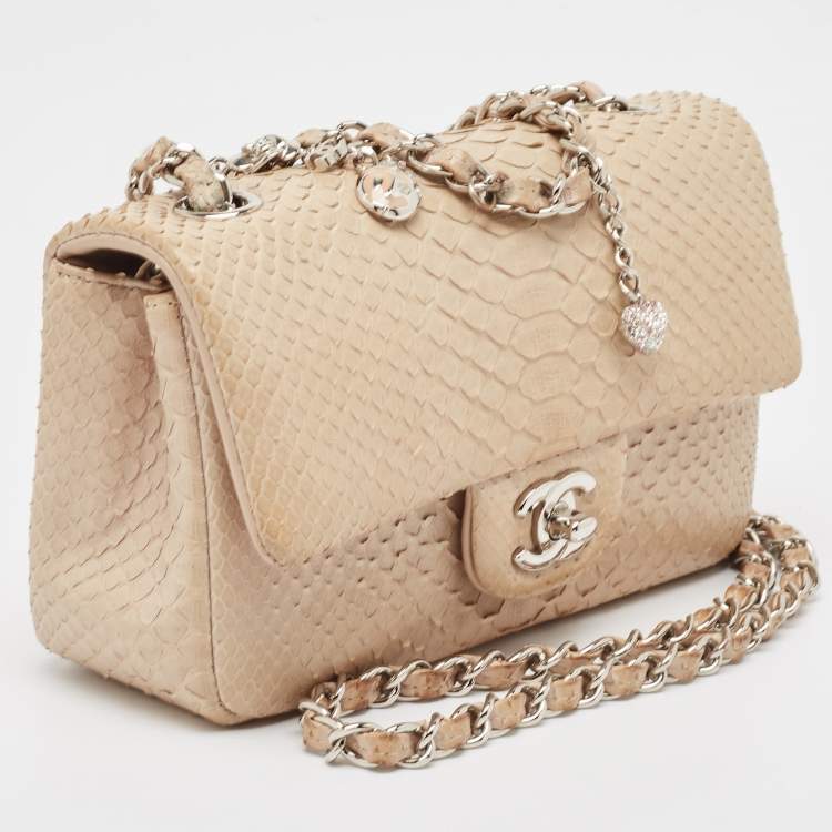 Pre Owned Chanel Beige Python Small Charm Single Flap Bag
