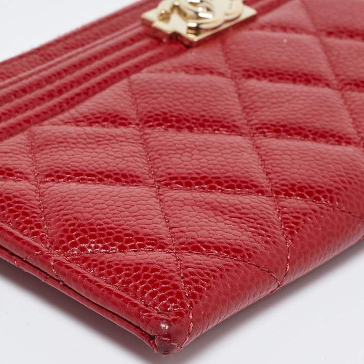 Pre Owned Chanel Red Quilted Caviar Leather Zip Classic Boy Pouch