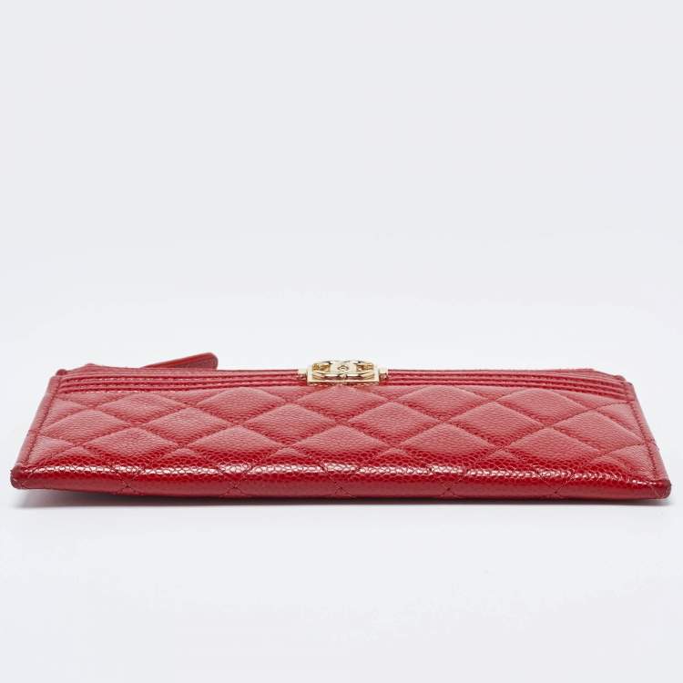 Pre Owned Chanel Red Quilted Caviar Leather Zip Classic Boy Pouch