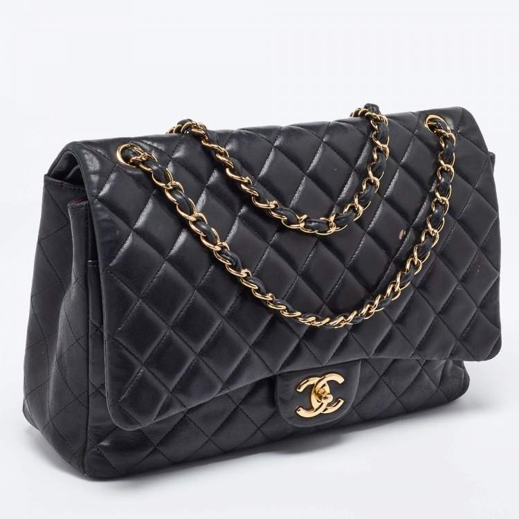 Pre Owned Chanel Black Quilted Lambskin Leather Maxi Classic Double Flap Bag