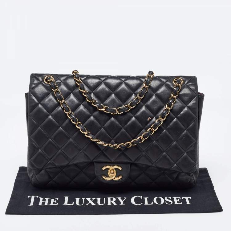 Pre Owned Chanel Black Quilted Lambskin Leather Maxi Classic Double Flap Bag