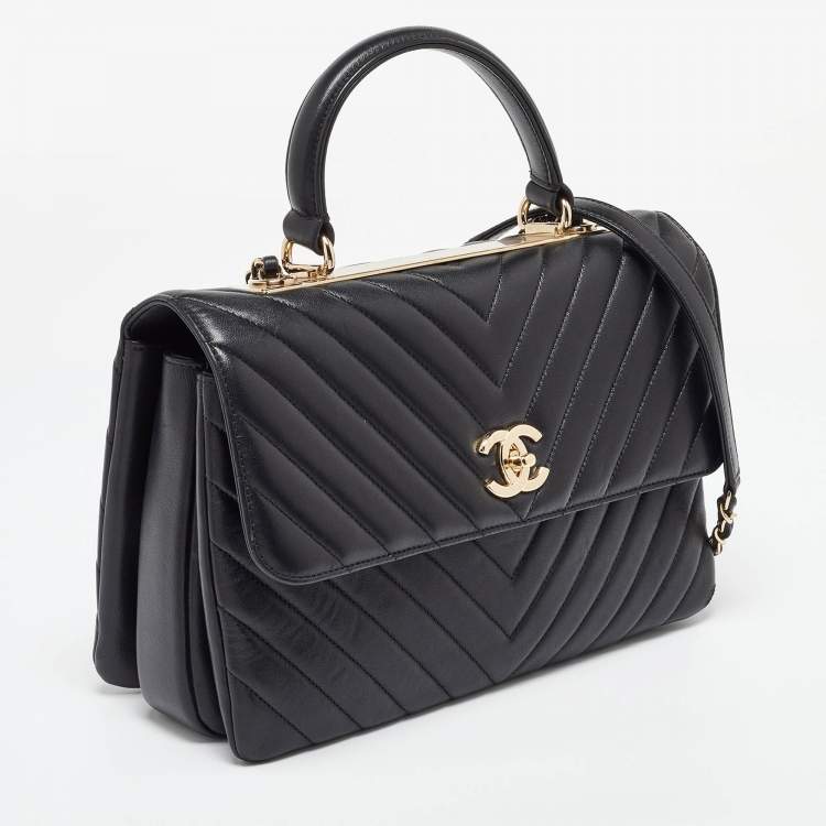 Pre Owned Chanel Black Chevron Leather Medium Trendy CC Top Handle Bag