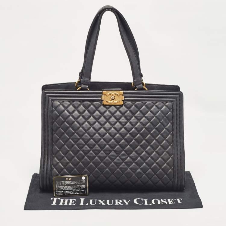 Pre Owned Chanel Black Quilted Leather Large Boy Shopper Tote