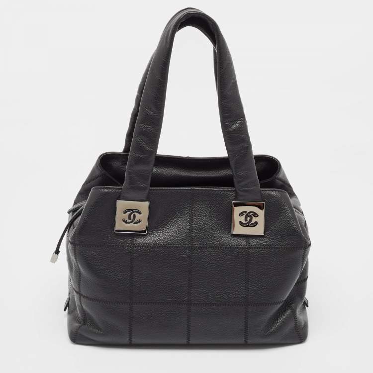 Pre Owned Chanel Black Leather Square Stitch Bowler Bag
