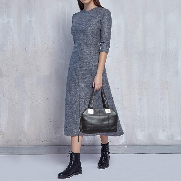 Pre Owned Chanel Black Leather Square Stitch Bowler Bag