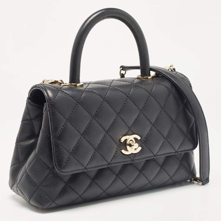 Pre Owned Chanel Black Quilted Caviar Leather Small Coco Top Handle Bag