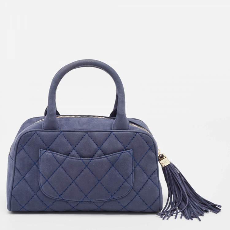 Pre Owned Chanel Navy Blue Quilted Nubuck Leather Timeless Bowler Bag