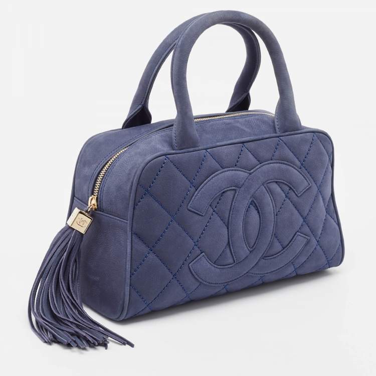 Pre Owned Chanel Navy Blue Quilted Nubuck Leather Timeless Bowler Bag