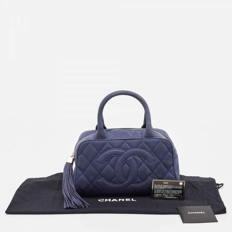 Pre Owned Chanel Navy Blue Quilted Nubuck Leather Timeless Bowler Bag