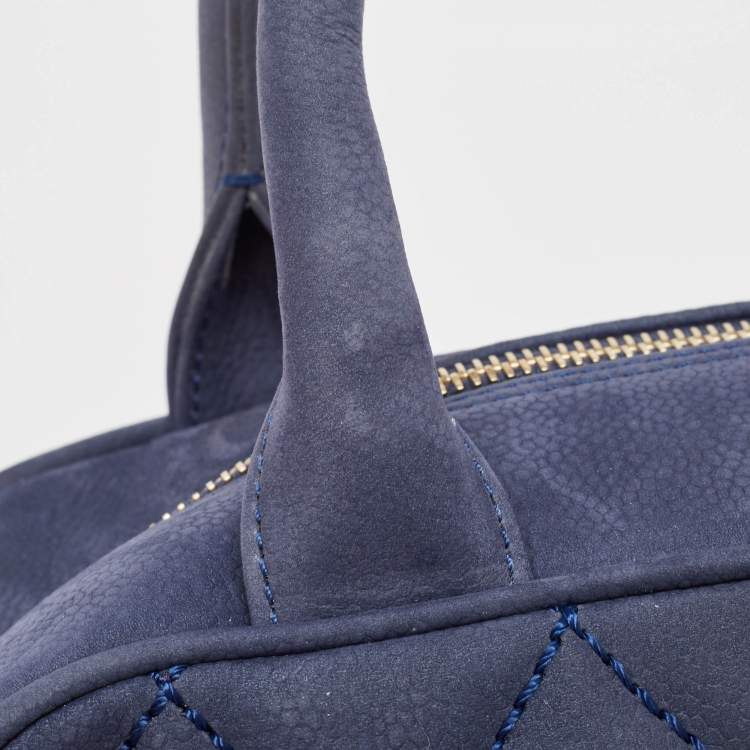 Pre Owned Chanel Navy Blue Quilted Nubuck Leather Timeless Bowler Bag