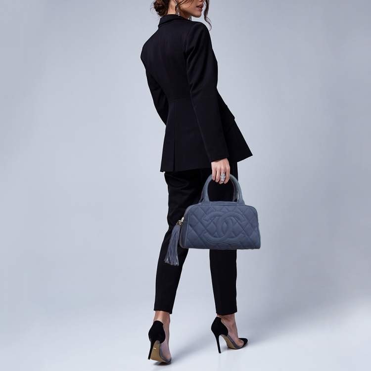 Pre Owned Chanel Navy Blue Quilted Nubuck Leather Timeless Bowler Bag