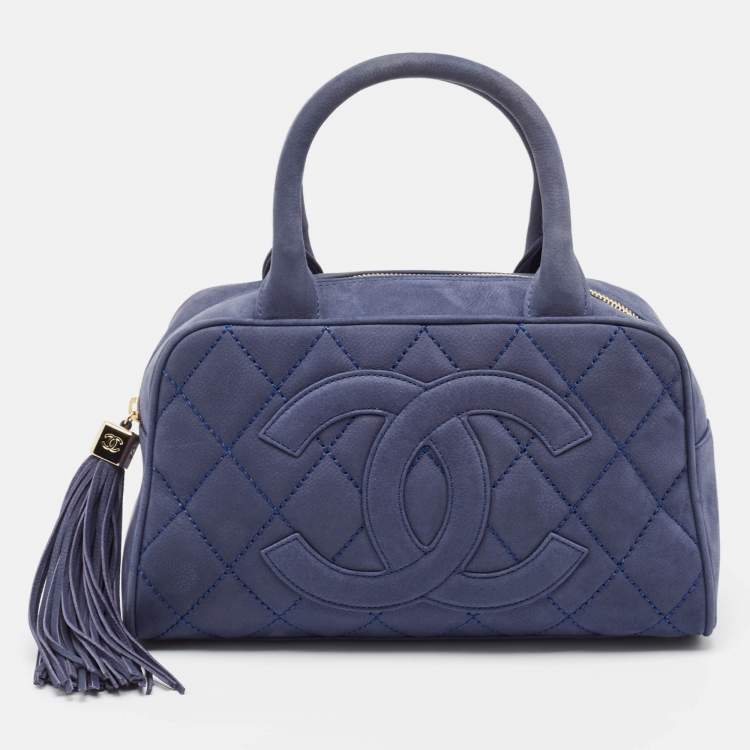 Pre Owned Chanel Navy Blue Quilted Nubuck Leather Timeless Bowler Bag