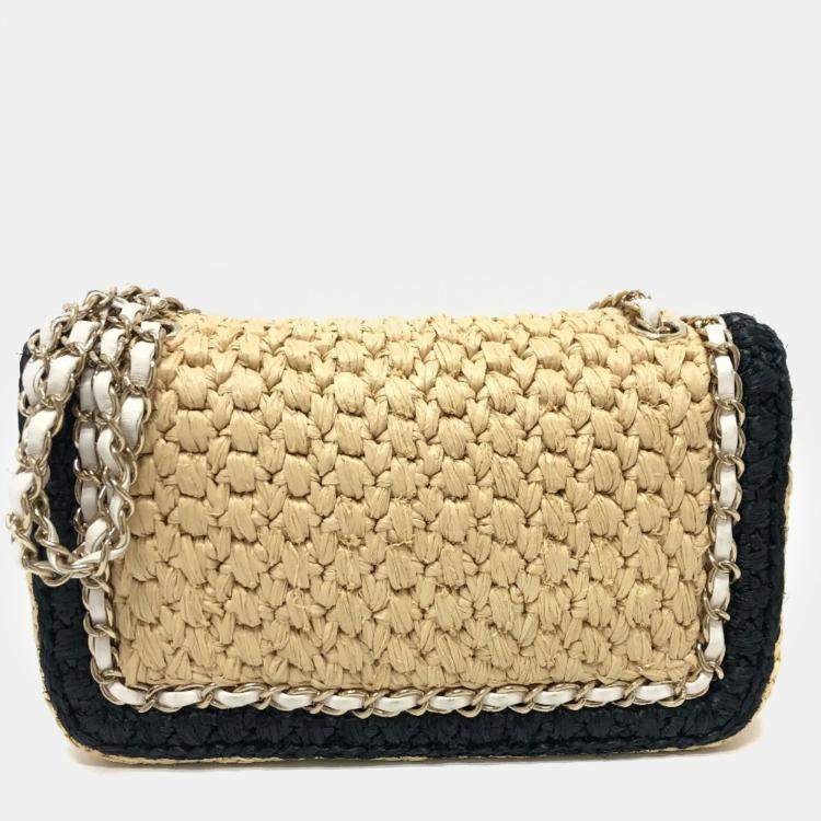 Pre Owned Chanel Beige/Black Raffia Flap Bag