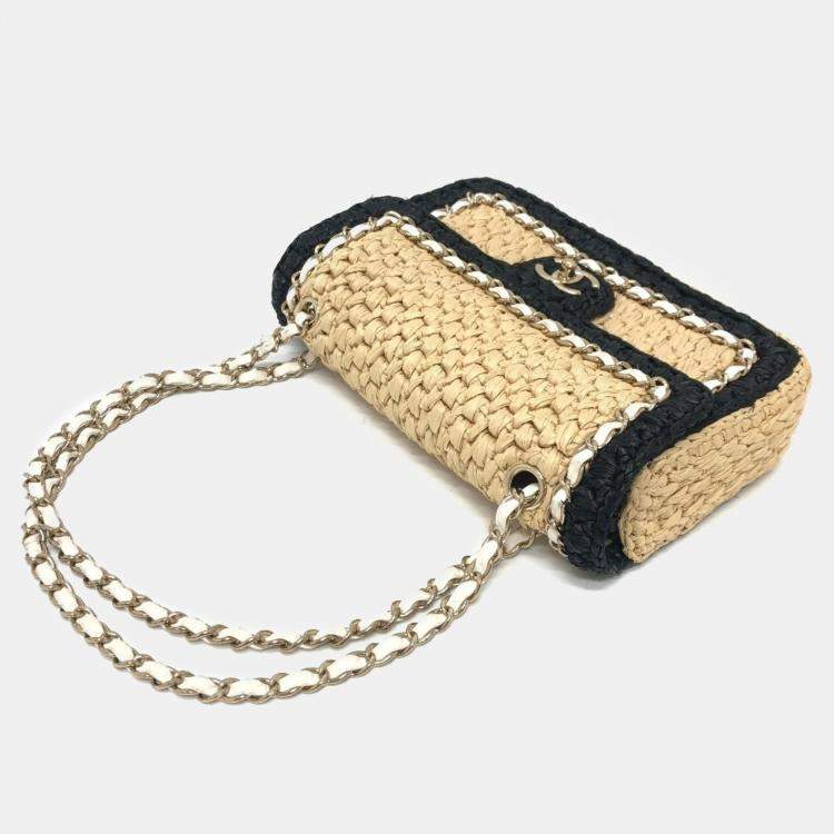 Pre Owned Chanel Beige/Black Raffia Flap Bag