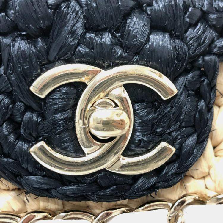 Pre Owned Chanel Beige/Black Raffia Flap Bag
