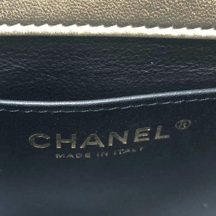 Pre Owned Chanel Gold Quilted Lambskin Mini Crystal Logo Letters Chain Handle Flap Bag 