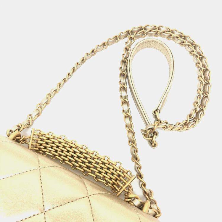 Pre Owned Chanel Gold Quilted Lambskin Mini Crystal Logo Letters Chain Handle Flap Bag 