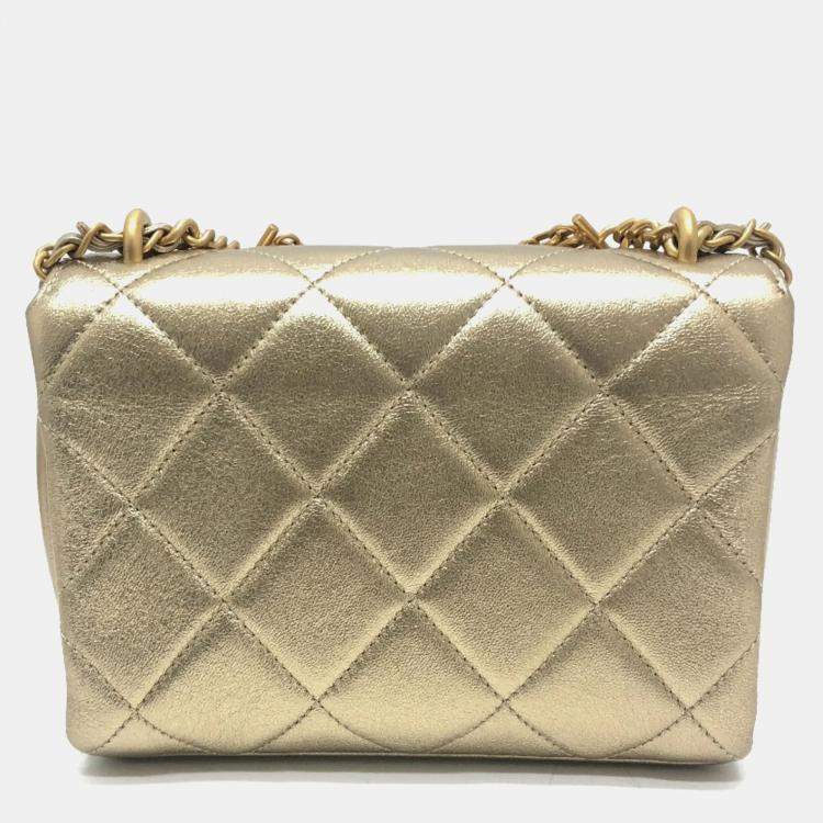 Pre Owned Chanel Gold Quilted Lambskin Mini Crystal Logo Letters Chain Handle Flap Bag 