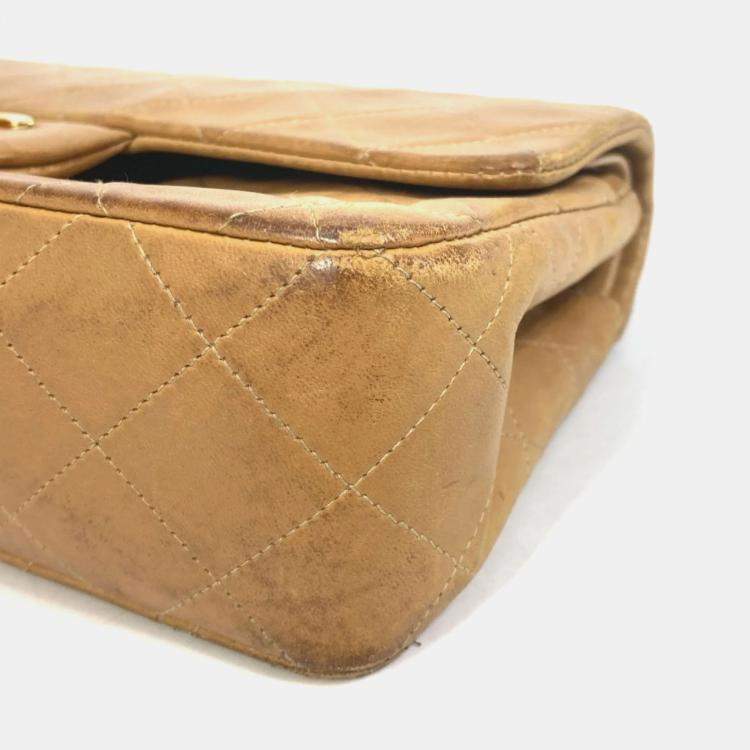 Pre Owned Chanel Beige Leather Small Classic Double Flap Shoulder Bags
