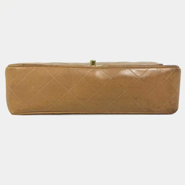 Pre Owned Chanel Beige Leather Small Classic Double Flap Shoulder Bags