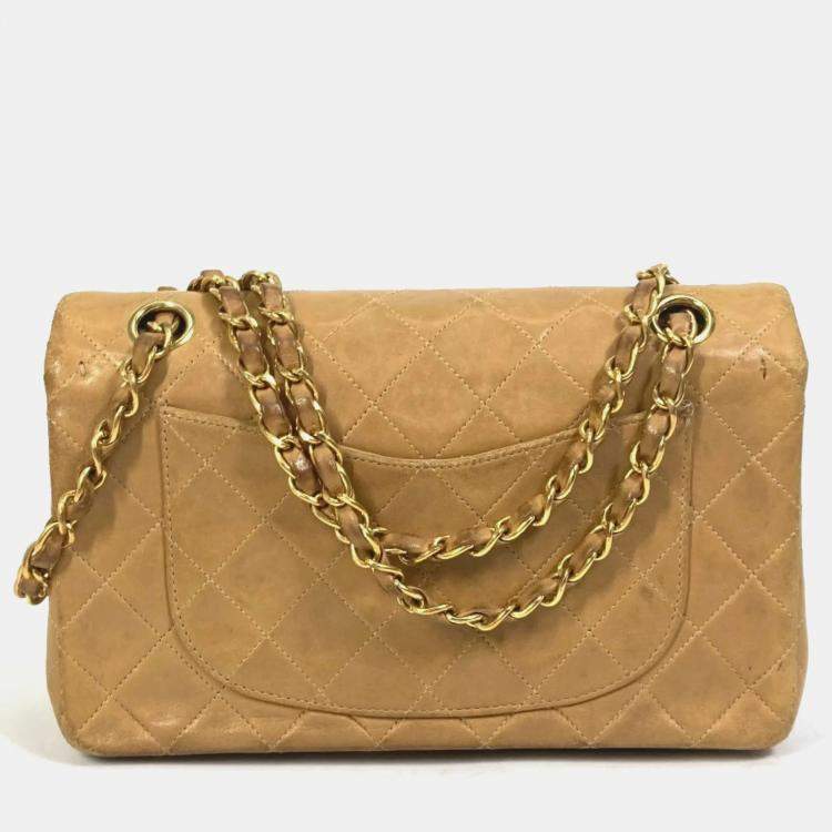 Pre Owned Chanel Beige Leather Small Classic Double Flap Shoulder Bags