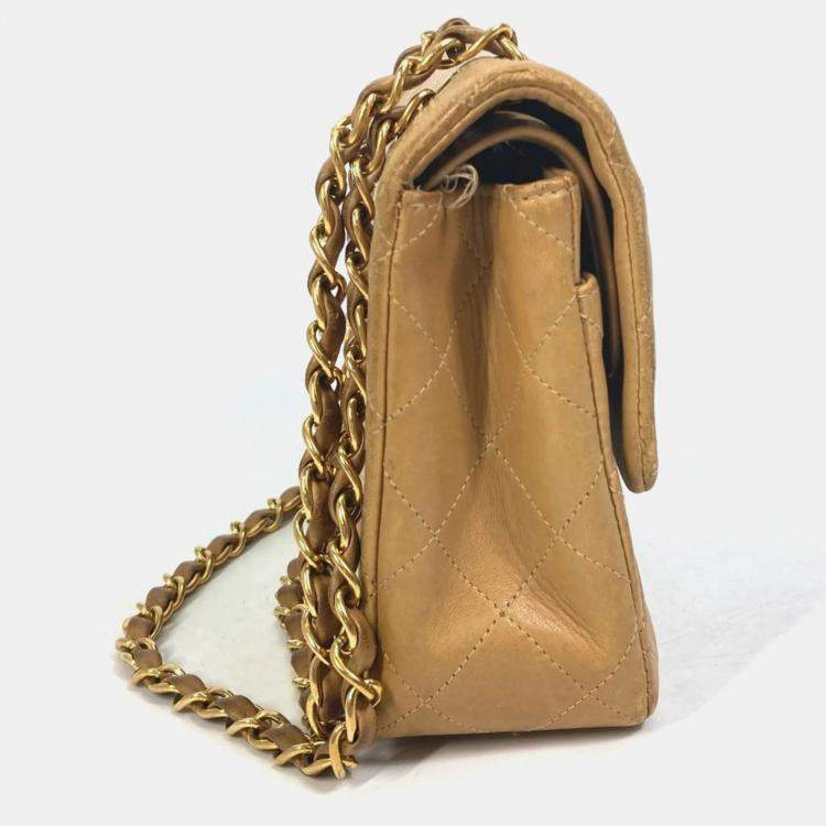 Pre Owned Chanel Beige Leather Small Classic Double Flap Shoulder Bags