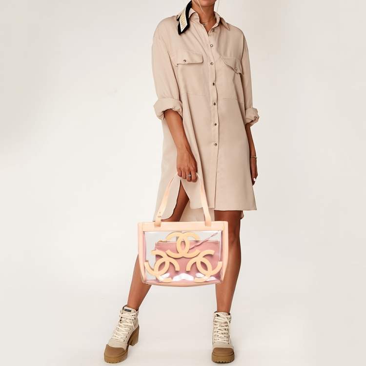 Pre Owned Chanel Pink/Peach PVC and Patent Leather Triple CC Tote