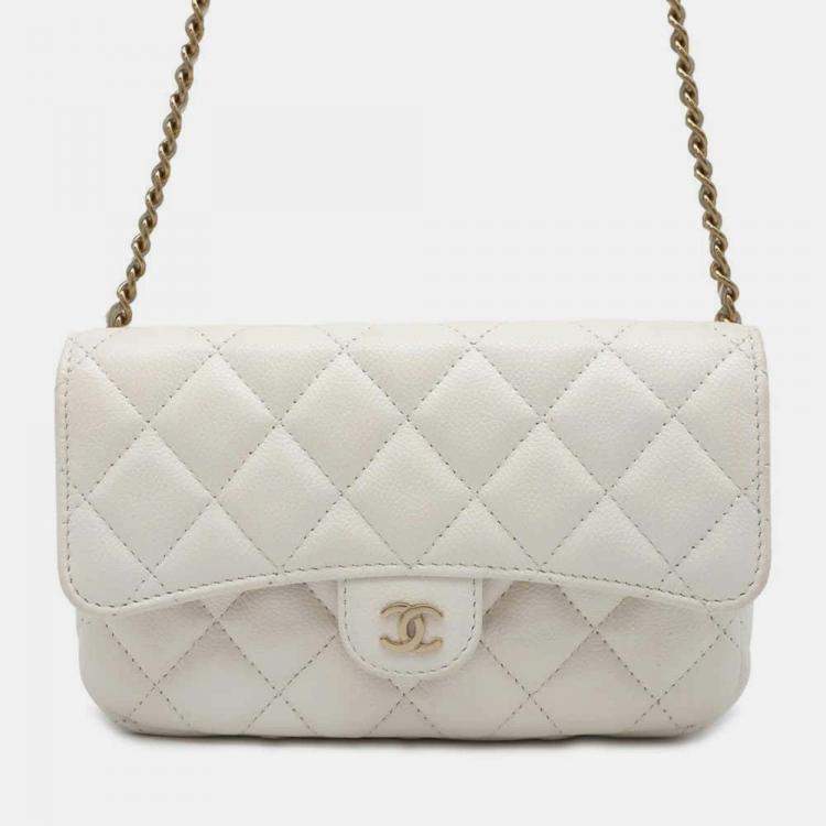 Chanel White Quilted Caviar Classic Flap Phone Holder with Chain